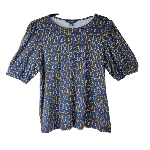 Ralph Lauren Women’s Medium Puff Sleeve Top T-Shirt Navy Gold Link Print - Picture 8 of 8